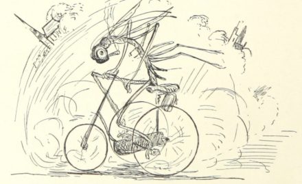an illustration of a dragonfly riding a bicycle