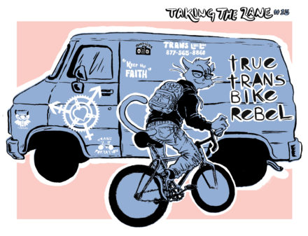 an image of a cat riding a bike and spray painting trans puns on a van